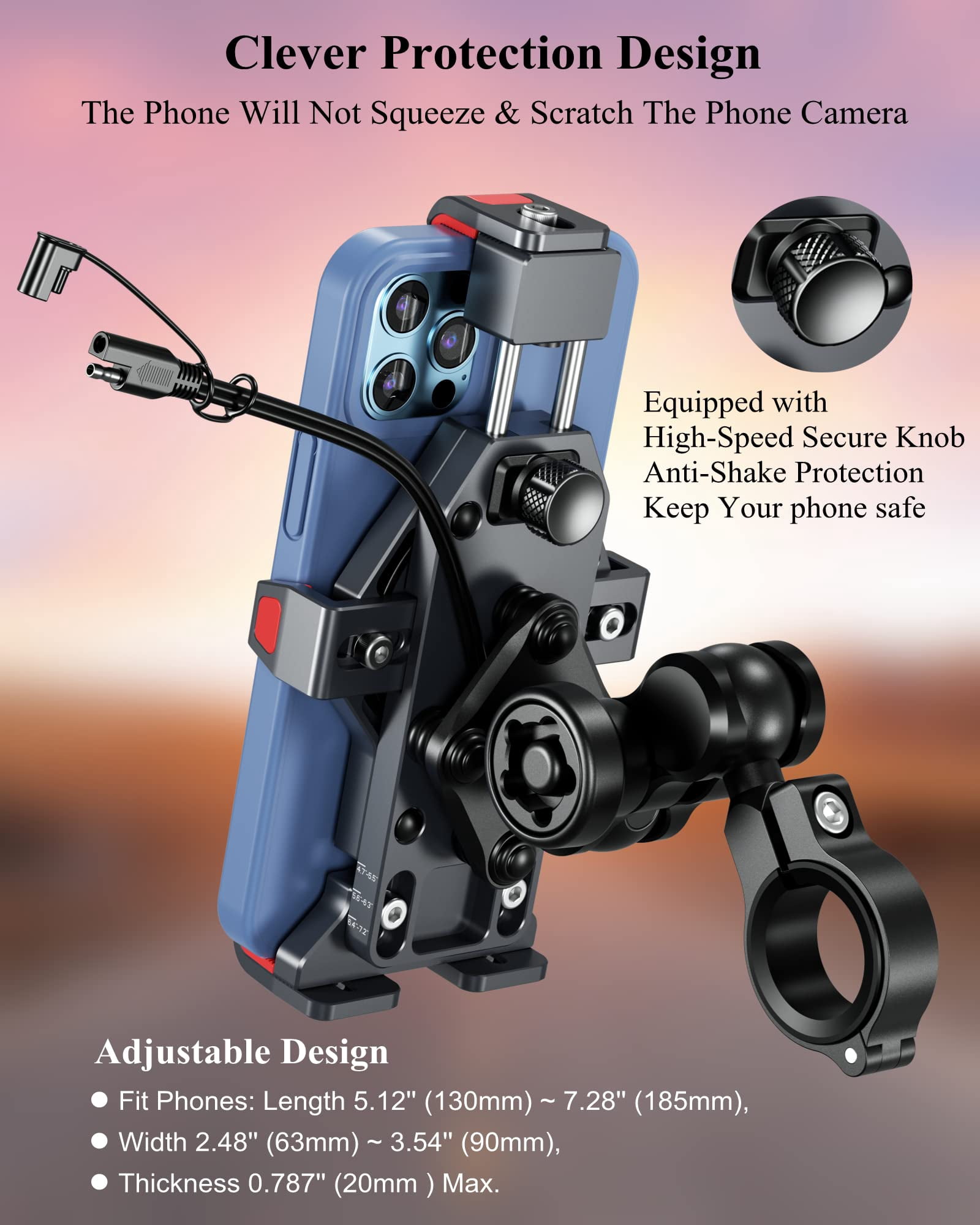 Motorcycle Phone Mount with Qi 15W Wireless Charger & Vibration Dampener, Anti-Theft, Anti-Shake, Adjustable, Aluminum Alloy Motorcycle Handlebar Cellphone Holder for 4.7''-7.2'' Smartphones