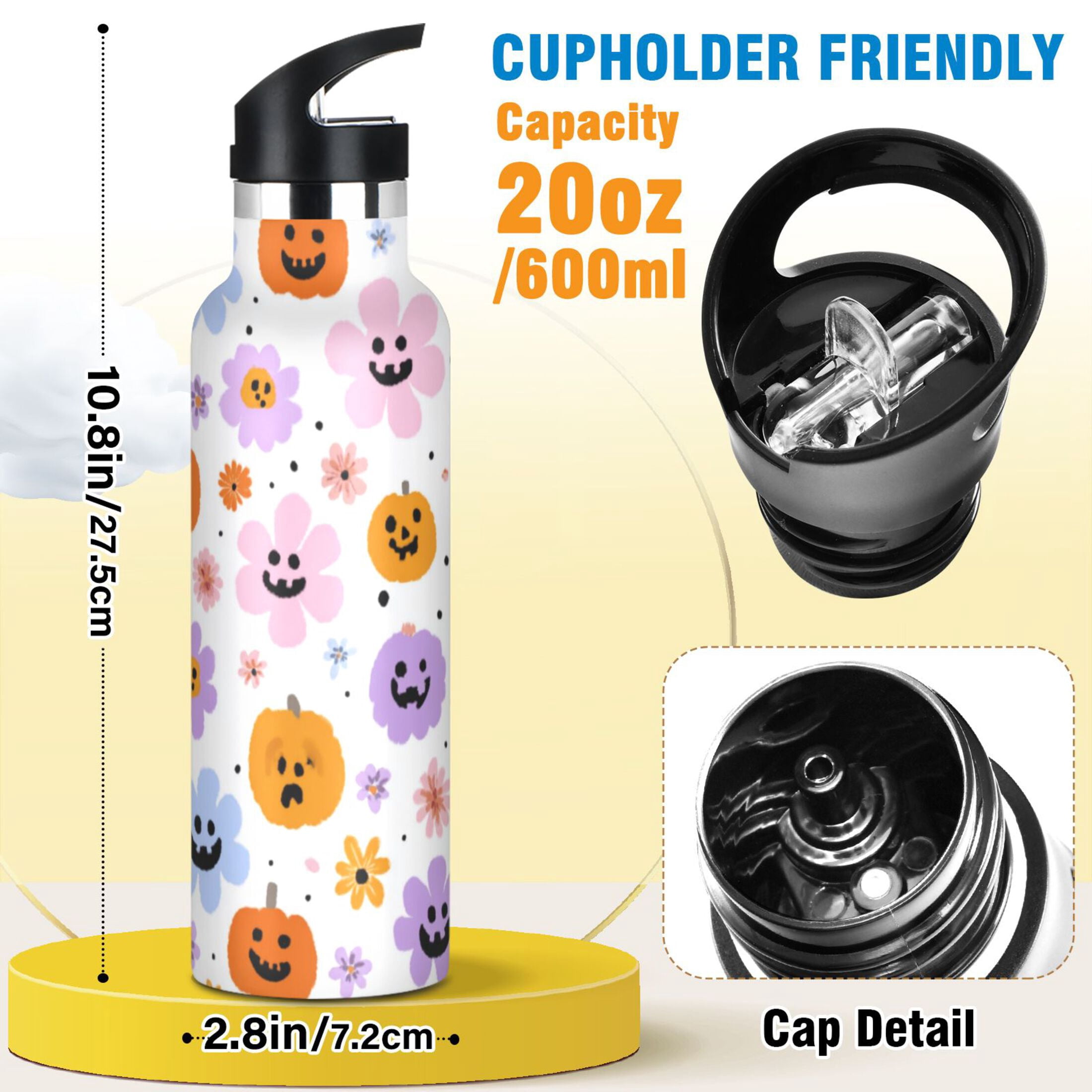 Kids Insulated Stainless Steel Sports Water Bottle 600ml (20oz) Flowers and Smiling Pumpkins