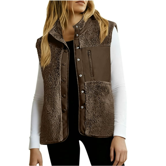 RYRJJ Vests for Women Lightweight Stand Collar Sherpa Fuzzy Fleece Vest Outwear Fall Winter Buttoned Sleeveless Jackets with 3 Pockets(Coffee,S)