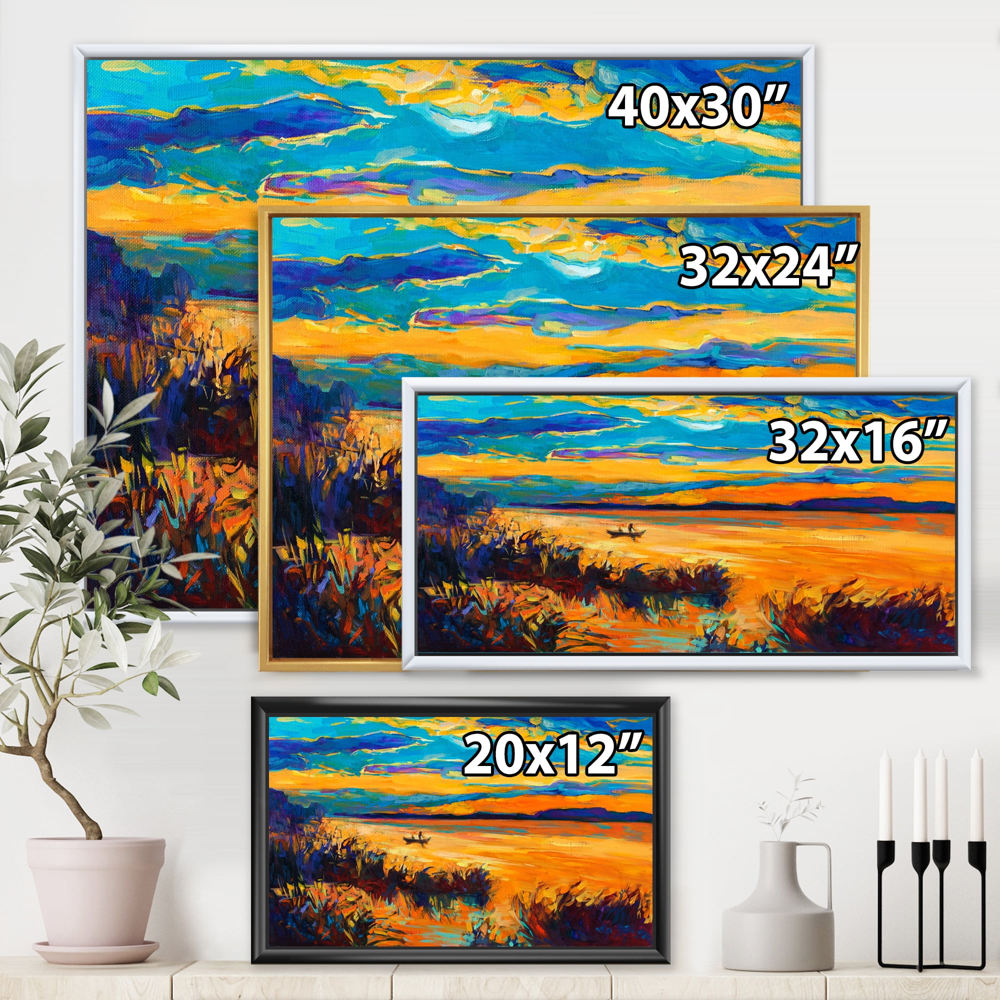 Designart 'Little Boat At The Horizon Of A Lake During Evening Glow' Nautical & Coastal Framed Canvas Wall Art Print