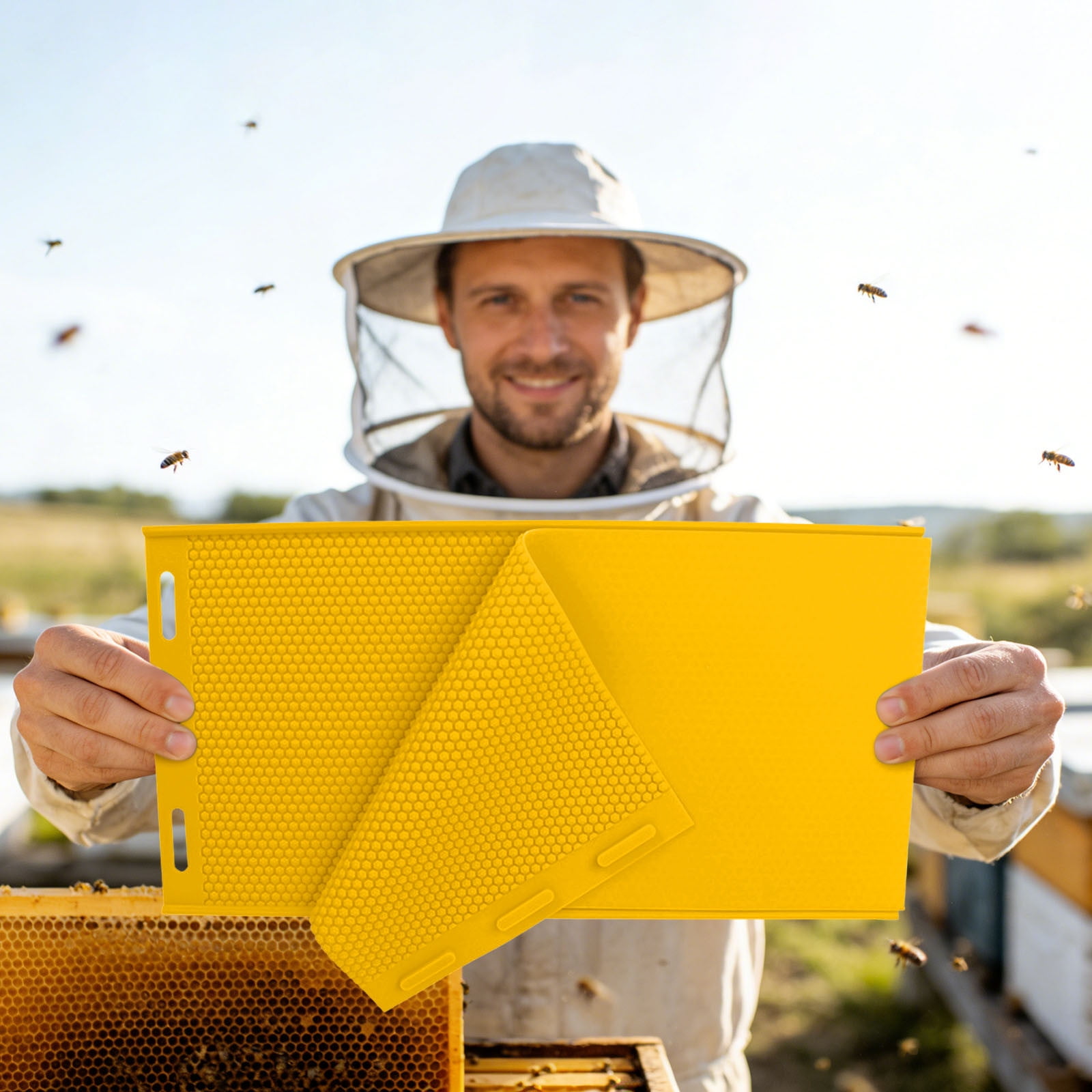 Silicone Beeswax Foundation Press Mold with Honey Scraper, 5.4mm Honeycomb 2 Sheets Non-Stick Reusable for Beekeeping and Candle Making Supplies (Yellow)