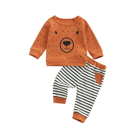 

Canrulo Newborn Baby Boys Clothes 2pcs Cartoon Bear Printed Long Sleeve Pullover Tops Striped Pants Set Khaki 12-18 Months