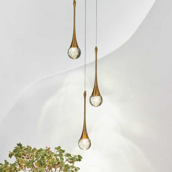 3-Light Modern Teardrop Seeded Glass Cluster Integrated LED Round Ceiling Pendant Light In Antique Gold