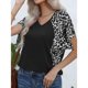 thumbnail image 3 of Camiseta de mujer con estampado de leopardo, camiseta de manga corta con cuello en V, camiseta informal para uso en interiores y exteriores, negro S, 3 of 8