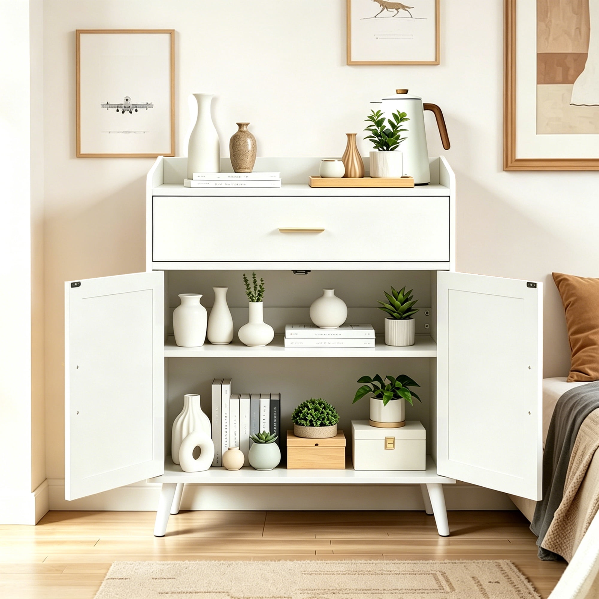 Kitchen Storage Cabinet, Farmhouse Buffet Cabinet , Storage with 1 Drawers and 2 Doors, Cabinet with Solid Wood Feet,Floor Sideboard Buffet for Living Room, Dining Room, Bathroom,(white Color)
