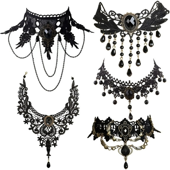 DESIGNICE 5 Pieces/Set Halloween Sexy Jewelry Women Lady Elegant Goth Gothic Steampunk Lace Choker Necklace Black Neck Chain Collar Statement with pendant Victorian Wedding Party Cosplay