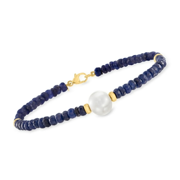 Ross-Simons Cultured Pearl and 28.00 ct. t.w. Sapphire Bead Bracelet in 14kt Yellow Gold, Women's, Adult