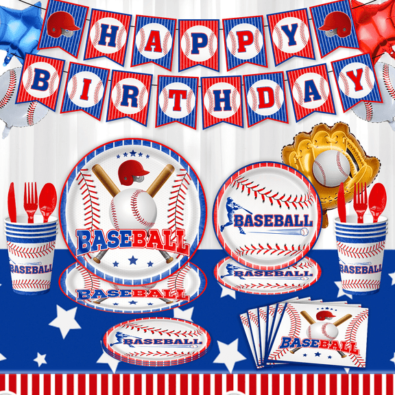 57-Piece Baseball Party Decorations Kit with Happy Birthday Banner, Tablecloth, Balloons, Plates, Cups, and Napkins for Birthday Party