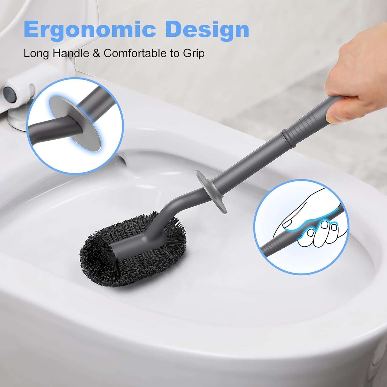 Toilet Bowl Brush Holder Set: Curved Design with Holder for Deep Cleaning Under Rim - Compact Hidden Scrubber for Small Space - Modern RV Bathroom Accessories - Gray