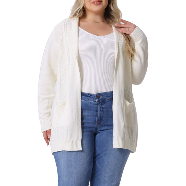 GRACE & GRANDEUR Suéter de manga larga abierto para mujer en tallas grandes, cárdigan de longitud media 1X blanco
