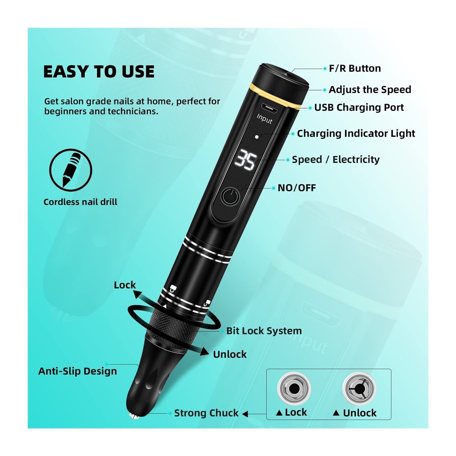 Cordless Nail Drill Electric File, Professional For Acrylic Gel Dip Powder Nails Portable Nail Drill Machine Kit For Manicure Pedicure Nail ,Low Noise