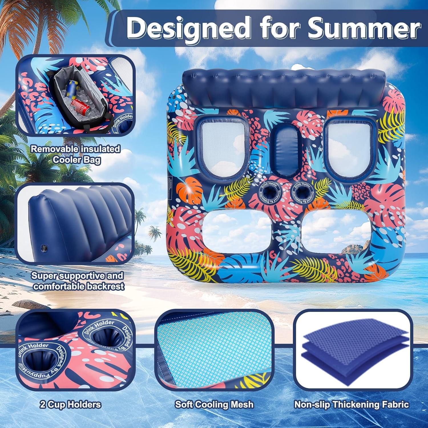 2-Person Inflatable Pool Floats Adult Heavy Duty, 71" x 61" Pool Lounger Float with Cup Holders & Backrest & Removable Insulated Cooler, Thickened Swimming Raft for Pool Party, Lake, Beach, River