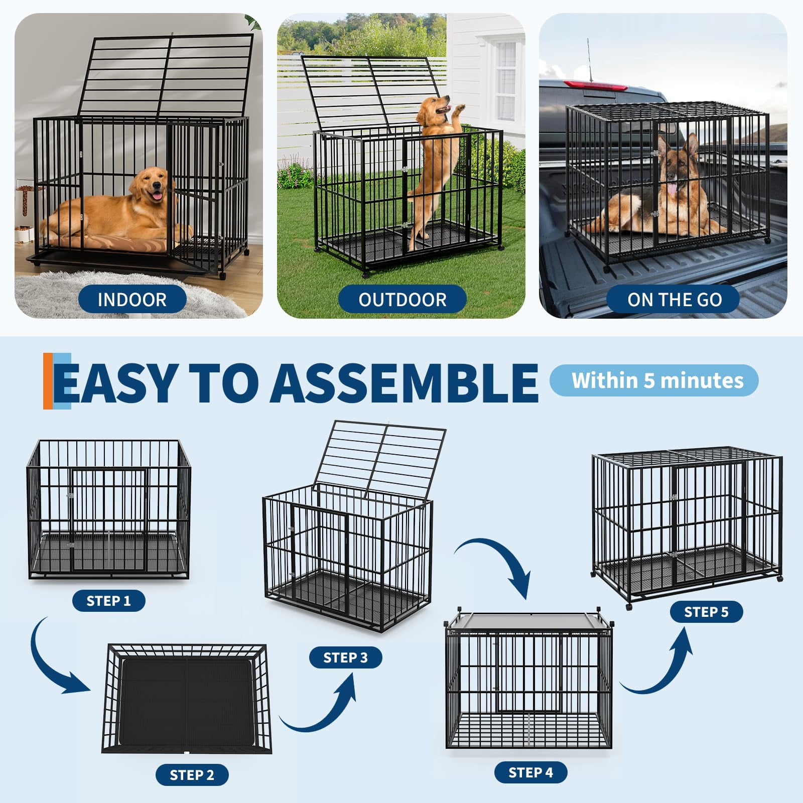 Huisuilinss Indestructible Dog Crate,Stainless Steel Dog Kennel Indoor,Stackable Escape Proof Dog Cage With Wheels,Double Door,Removable Tray For High Anxiety Dogs