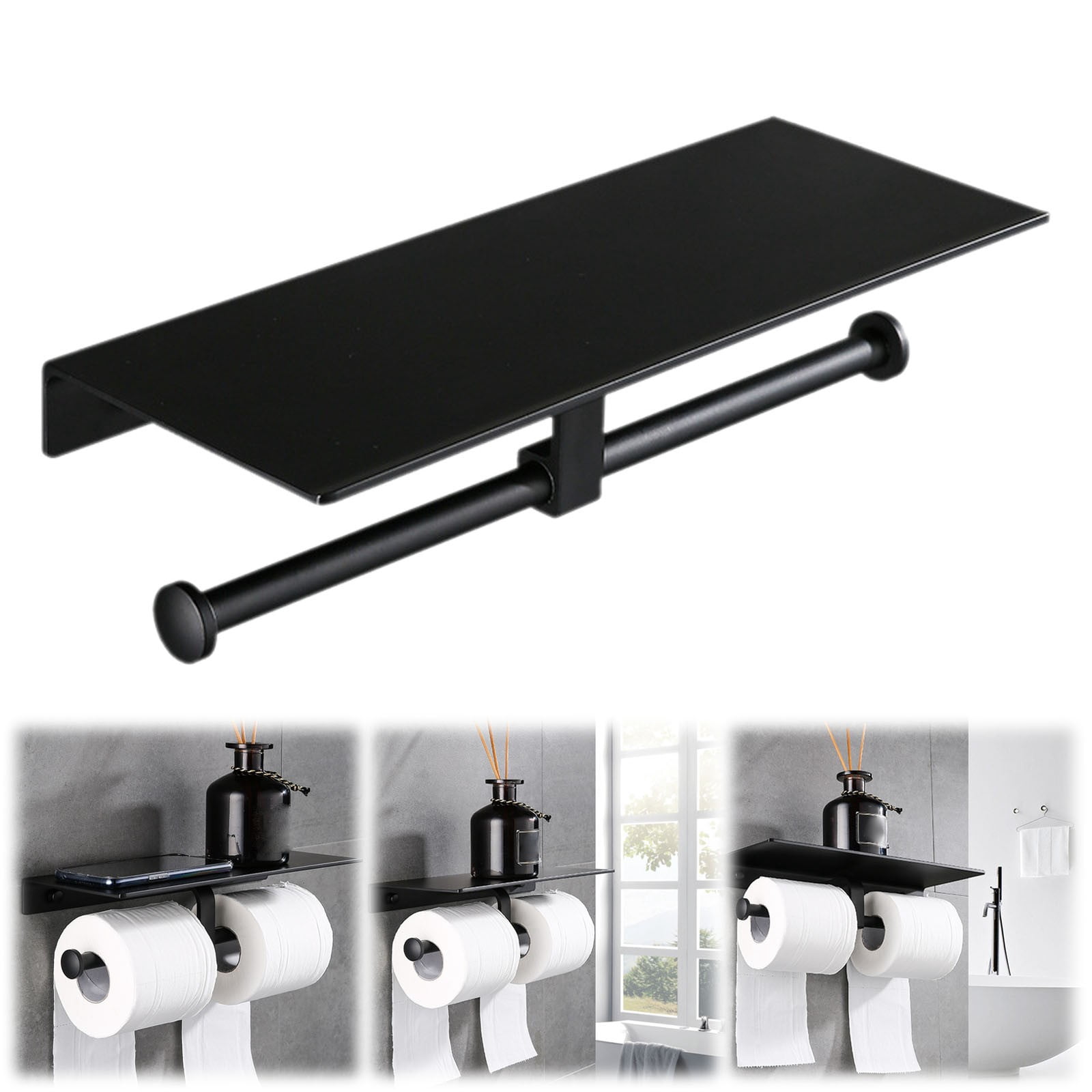Toilet Paper Holder, Ongmies Double Roll Toilet Paper Holder with Shelf - Rustproof Aluminum with Strong Adhesive, Christmas Kitchenware