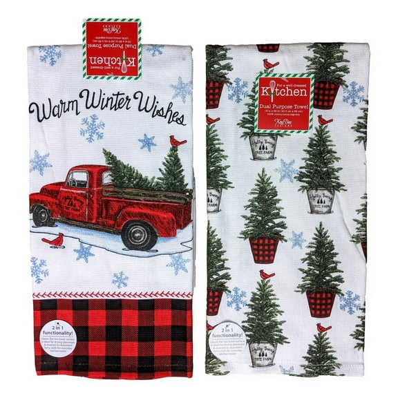 Set of 2 TREE FARM Truck & Tree Christmas Kitchen Towels by Kay Dee Designs
