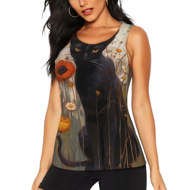 Fotbe Black Cat in Wildflowers Blusas Sin Mangas para Mujer – Estilo Casual, Corte Suelto, Slim-Fit, Cuello Redondo Deportivo, Tops de Verano para Gimnasio y Yoga-XX-Large