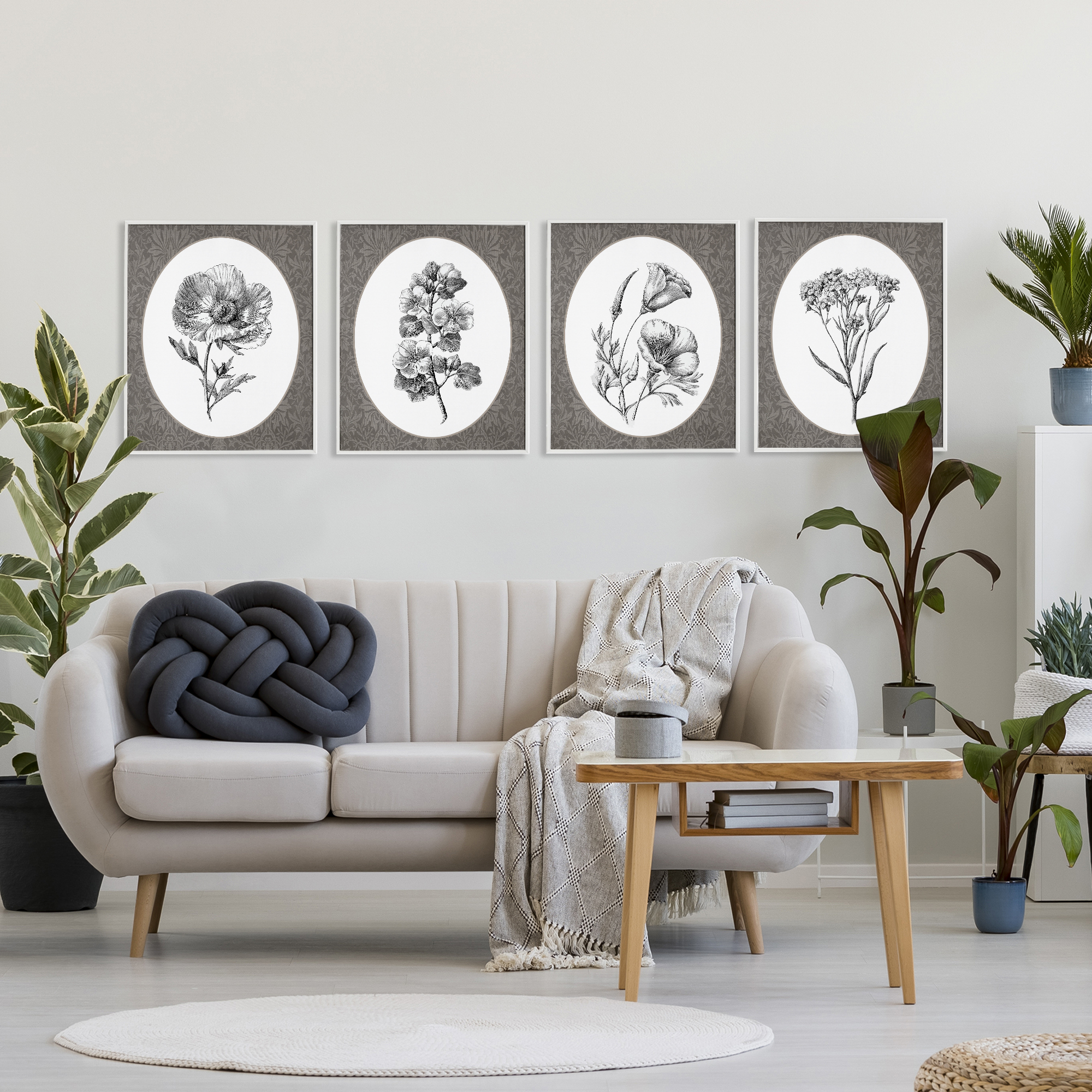 Ornate Blooms over Damask 4 Piece White Framed Giclee Art Set, design by Lettered and Lined