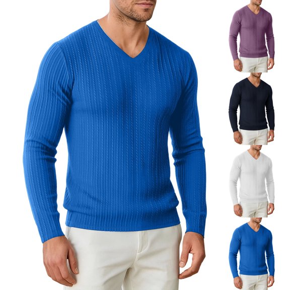 ZVAVZ V Neck Knit Tee Shirts for Men Long Sleeve Textured Tops Fall Casual Gym Athletic Shirts Stretchy Workout Running T-Shirt Blue S