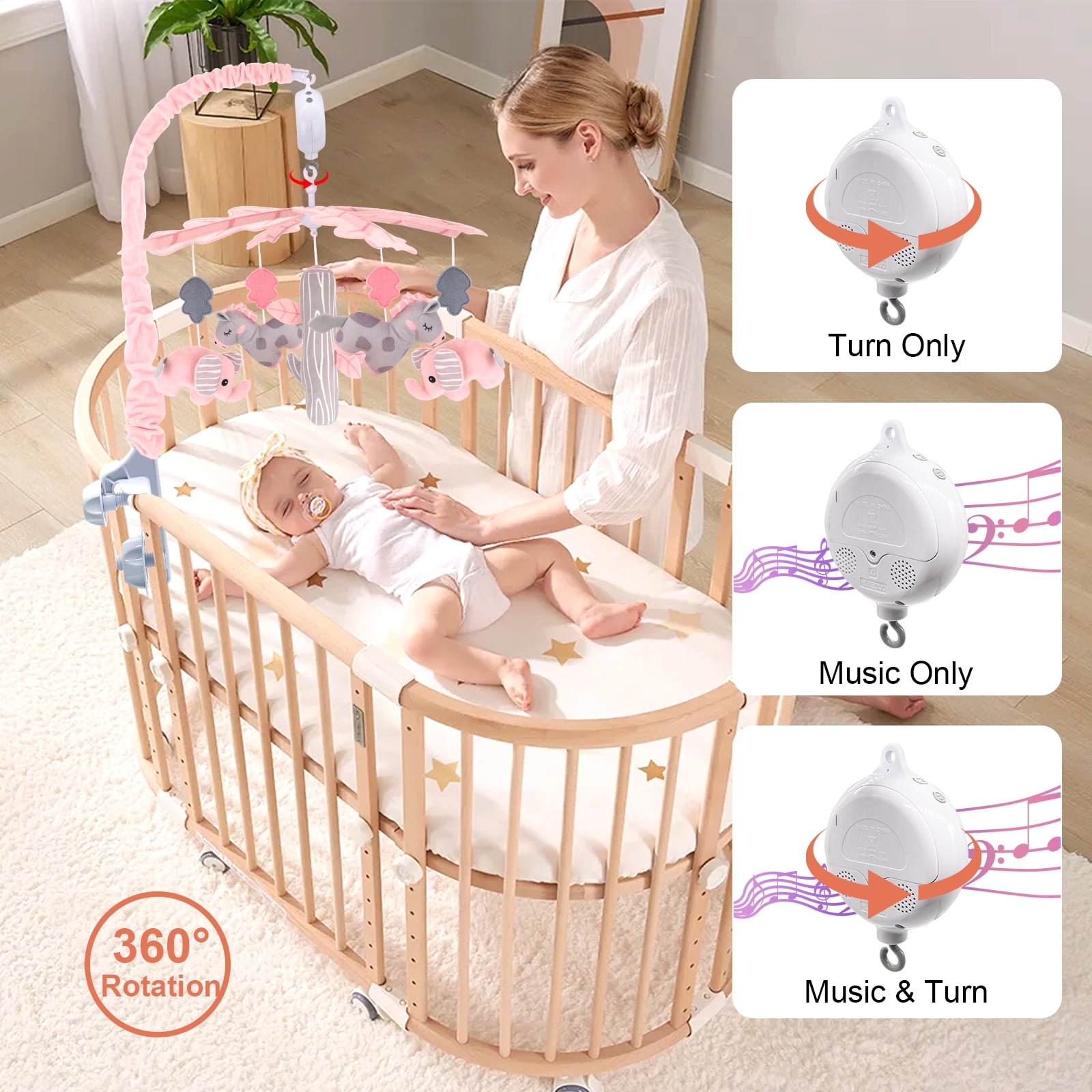 IFOYO Upgraded Musical Mobile for Crib, Baby Crib Mobile, Hanging Rotating Toys, Woodland Nursery Decor, Digital Music Box with 3 Modes, 12 lullabies, Pink