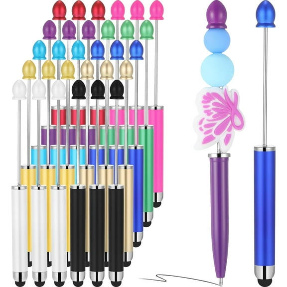 30Pcs Beaded Stylus Pens 2-in-1, Colorful Ballpoint Pens with 1.0mm Black Ink for Touch Screen & Writing