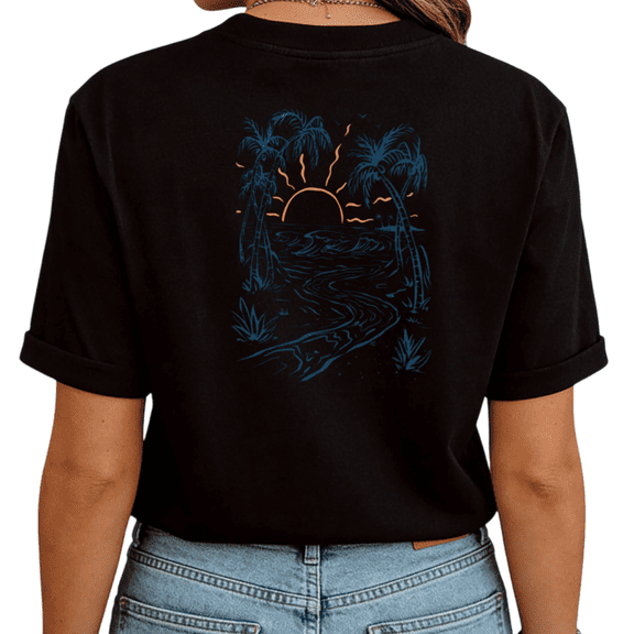 UNISHE Women's Sunset Palm Tree Beach Graphic Short Sleeve T-Shirt Casual Cotton Crewneck Top