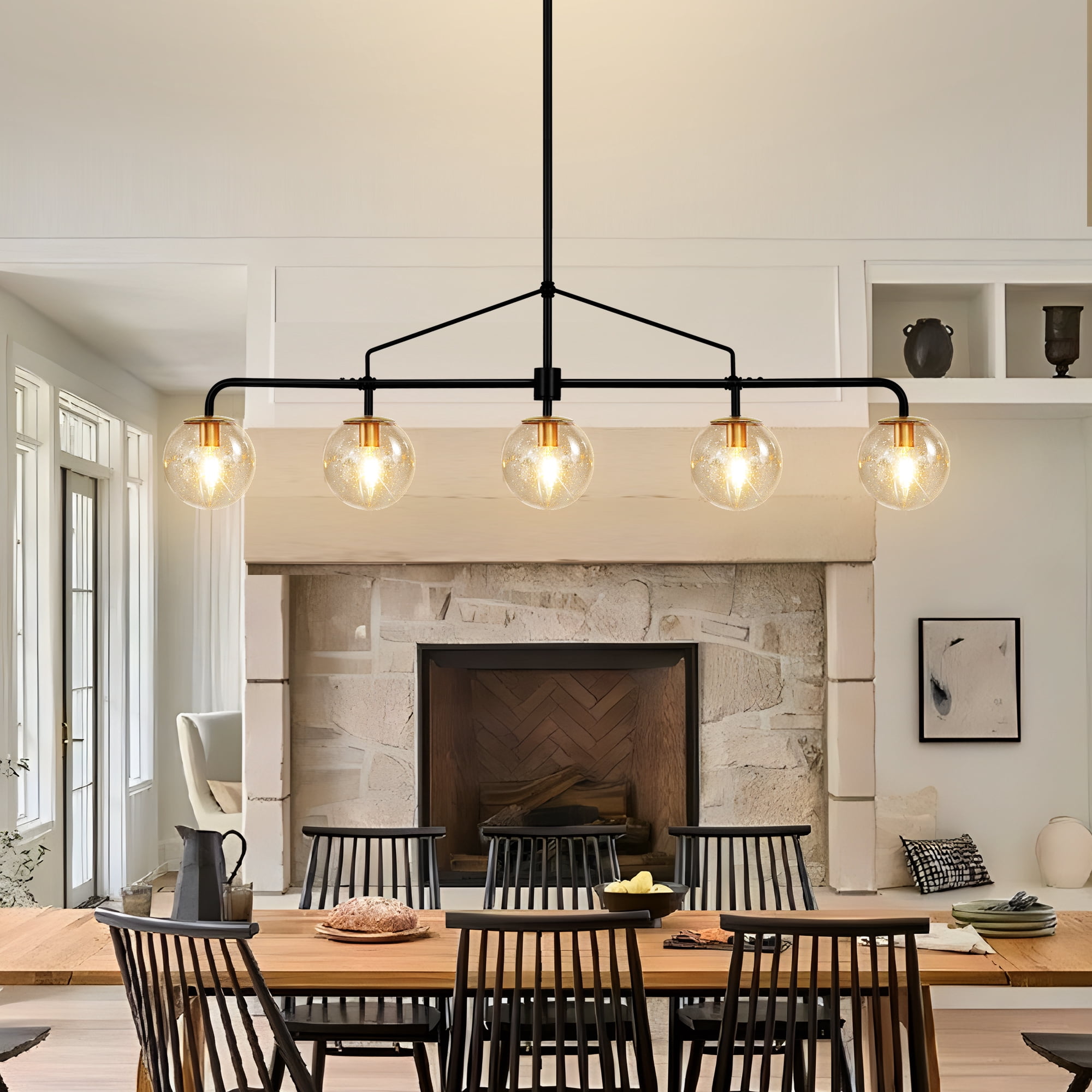 Auffel Dining Room Light Fixtures over Table 39 Inch Linear Chandeliers for Dining Room,Balck and Gold 5-Light Pendant Lights Kitchen Island,Seeded Glass Globe Lampshade