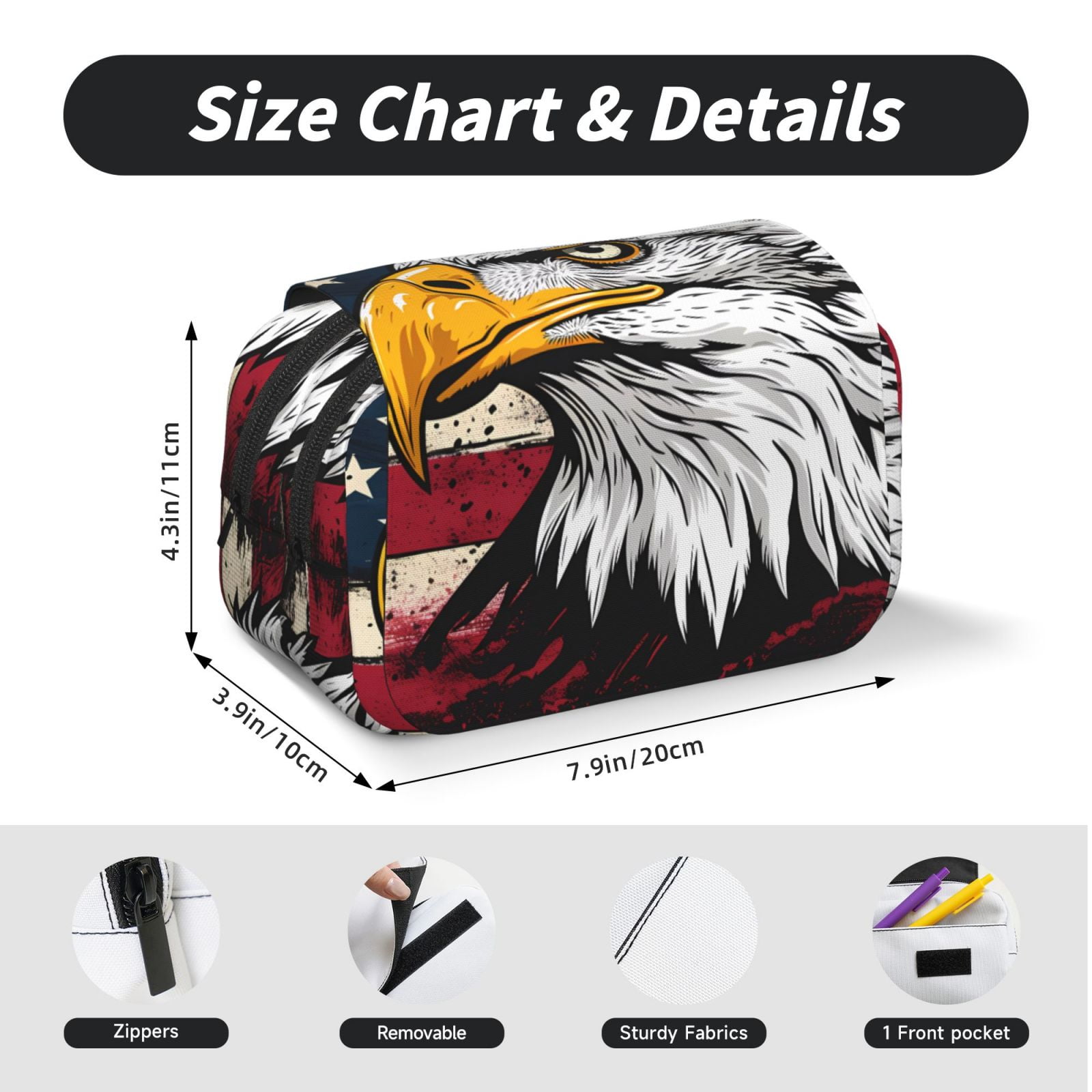 Rateoe American Bald Eagle Pattern Double Clamshell Pen Case, Storage Organizer with Two Zipper Compartments– Holds Up to 50 Pencils & Pens