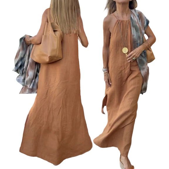Womens Halter Neck Side Slit Linen Style Casual Vacation Dress Beach Holiday Summer Long Dress Camel Color M