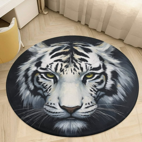 White Tiger Face Round Area Rugs for Bedroom Living Room, 4FT Soft Comfy Indoor Circle Carpets, Floor Mat