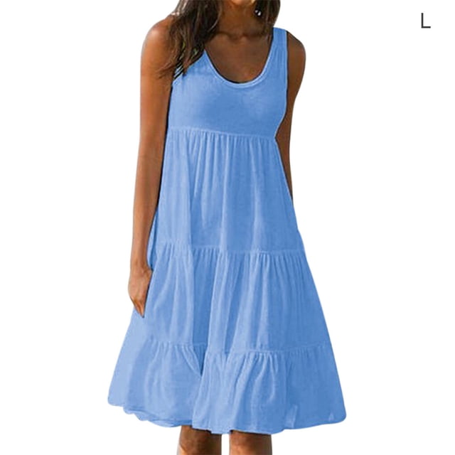 Robe Femme Col Rond Robe à Bretelles Robe Fille Femme Sans Manches Vêtements de Plage, Bleu Ciel, G