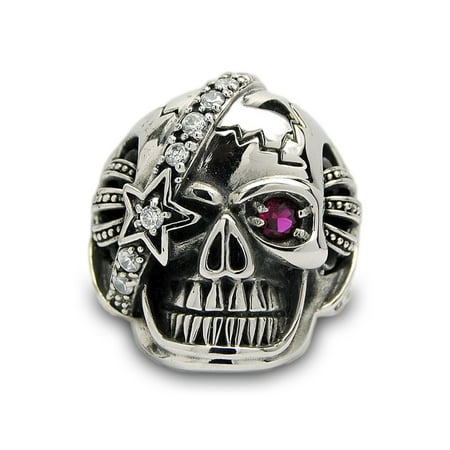 Casted Stainless Steel Skull Pirate Biker Ring with Clear and Red Cubic Zirconia Sizes 9 to 14
