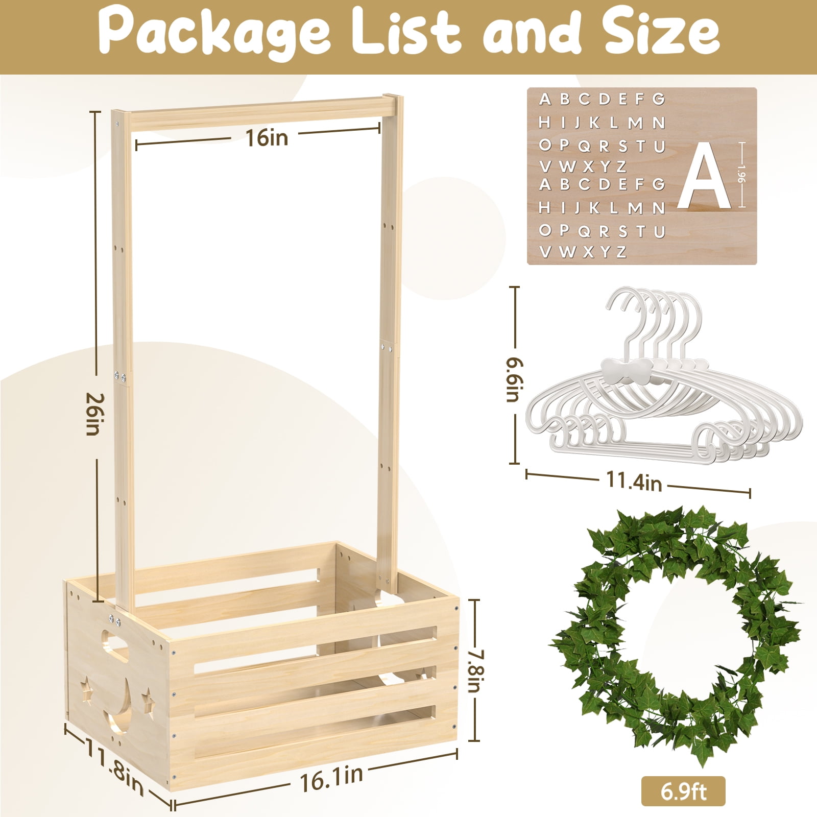 TeSabMi Large Baby Shower Gifts Basket Wooden Crate, Personalized Wooden Letters Hangers New Born Baby Girl Boy Pregnancy Gifts for New Mom Parents Vine Decorations Cute Closet with Adjustable Handle