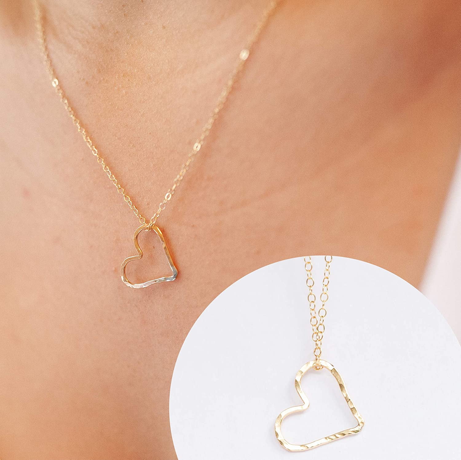 Heart Pendant Necklace for Women – 14K Gold Filled Cable Chain, Dainty Gift for Her, Bridesmaid or Best Friend Birthday, Trendy Bridal Jewelry (Hammered Design Gold Filled with 22in Chain)