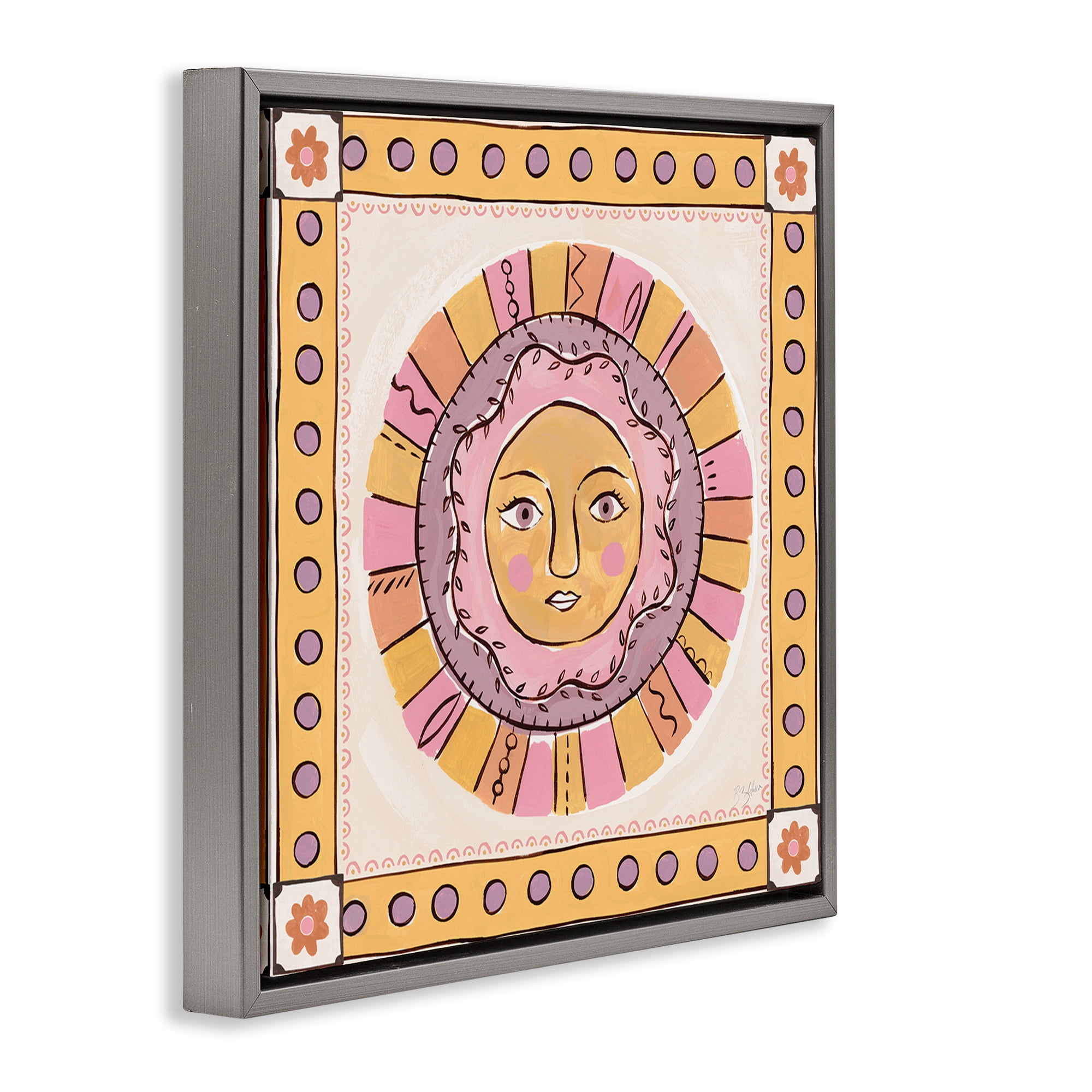 Stupell Industries Pastel Sun Face with Border Gray Framed Floater Canvas Wall Art, design by Two If By Sea Studios