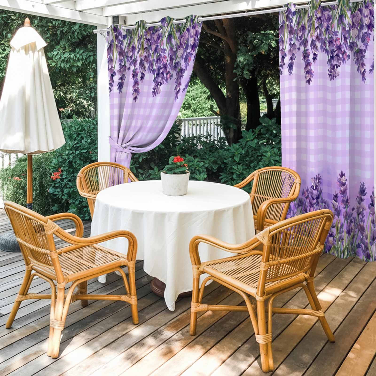 Outdoor Curtains for Patio Waterproof, Purple Lavender Outdoor Privacy Panels Grommet, Spring Watercolor Wildflowers Plant Plaid Blackout Outside Curtains for Porch/Cabana 54"x84", 2 Panels