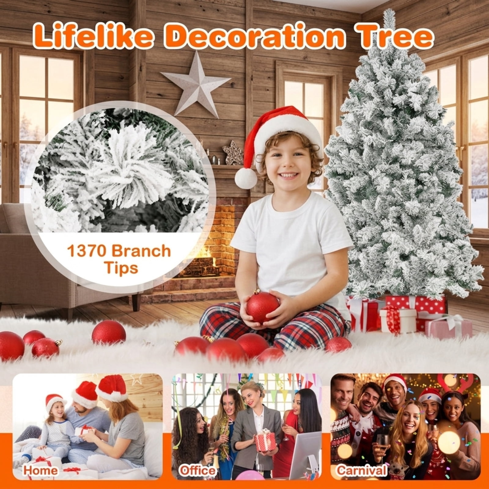 RUIE 8 ft Flocked Christmas Tree, Tall Pre-Lit Green White Artificial Xmas Tree with 600 LED Lights and 1370 Branch Tips for Home