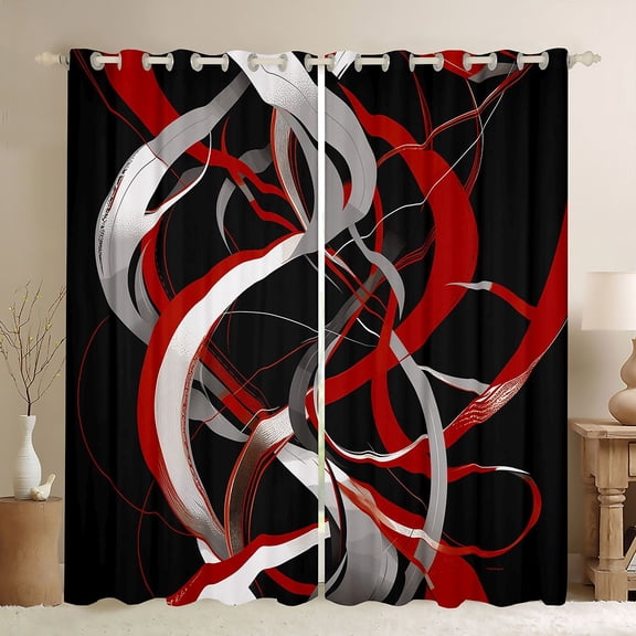 Homewish Swirl Lines Kitchen Curtains,Abstract Geometric Black Out Curtains Pack of 2 (42x63 Each),Red White