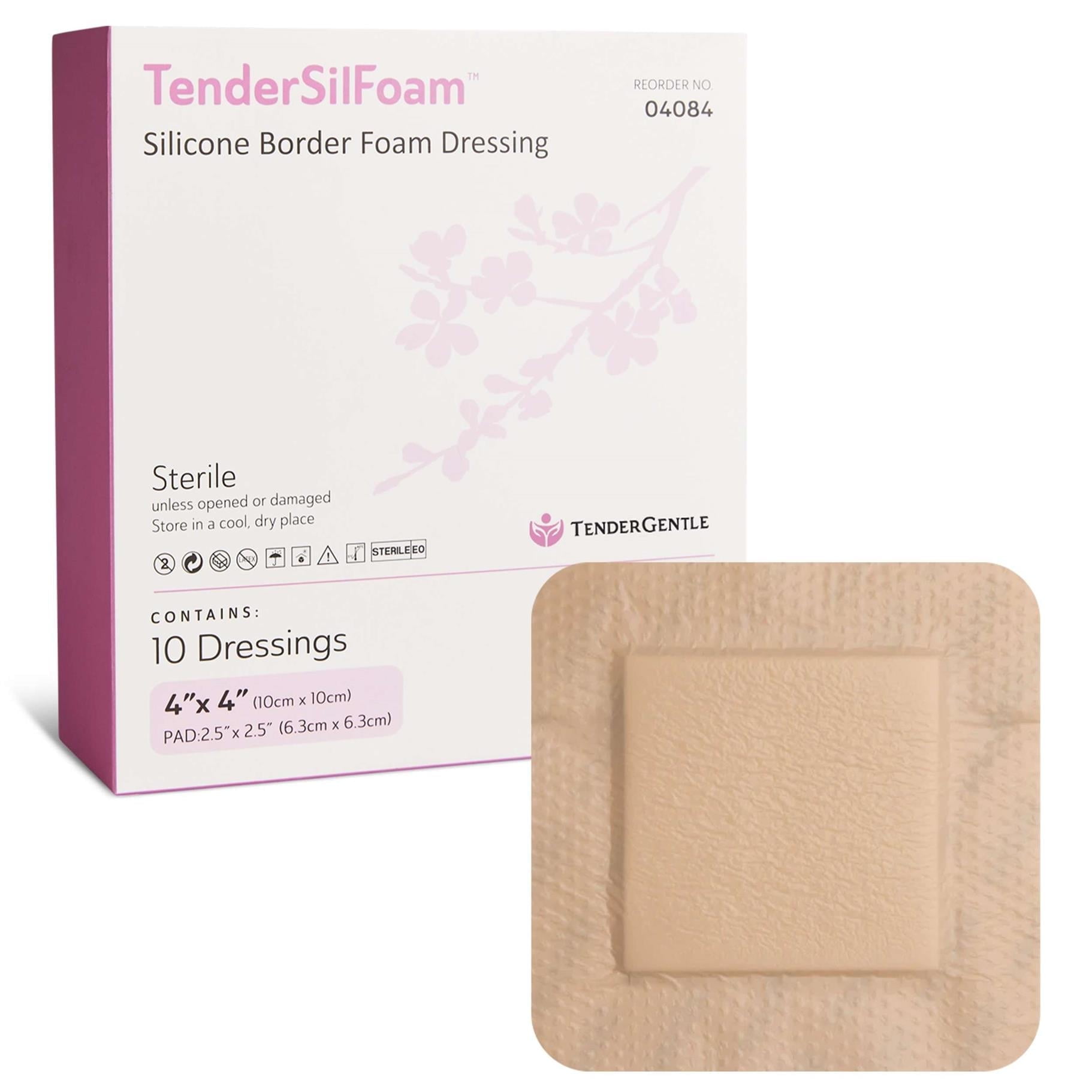 Tender Gentle Silicone Foam Dressing with Border, Adhesive, 10 ct. 4" x 4" Sterile Silicone Foam Bandage for Wound Care - Individually Wrapped