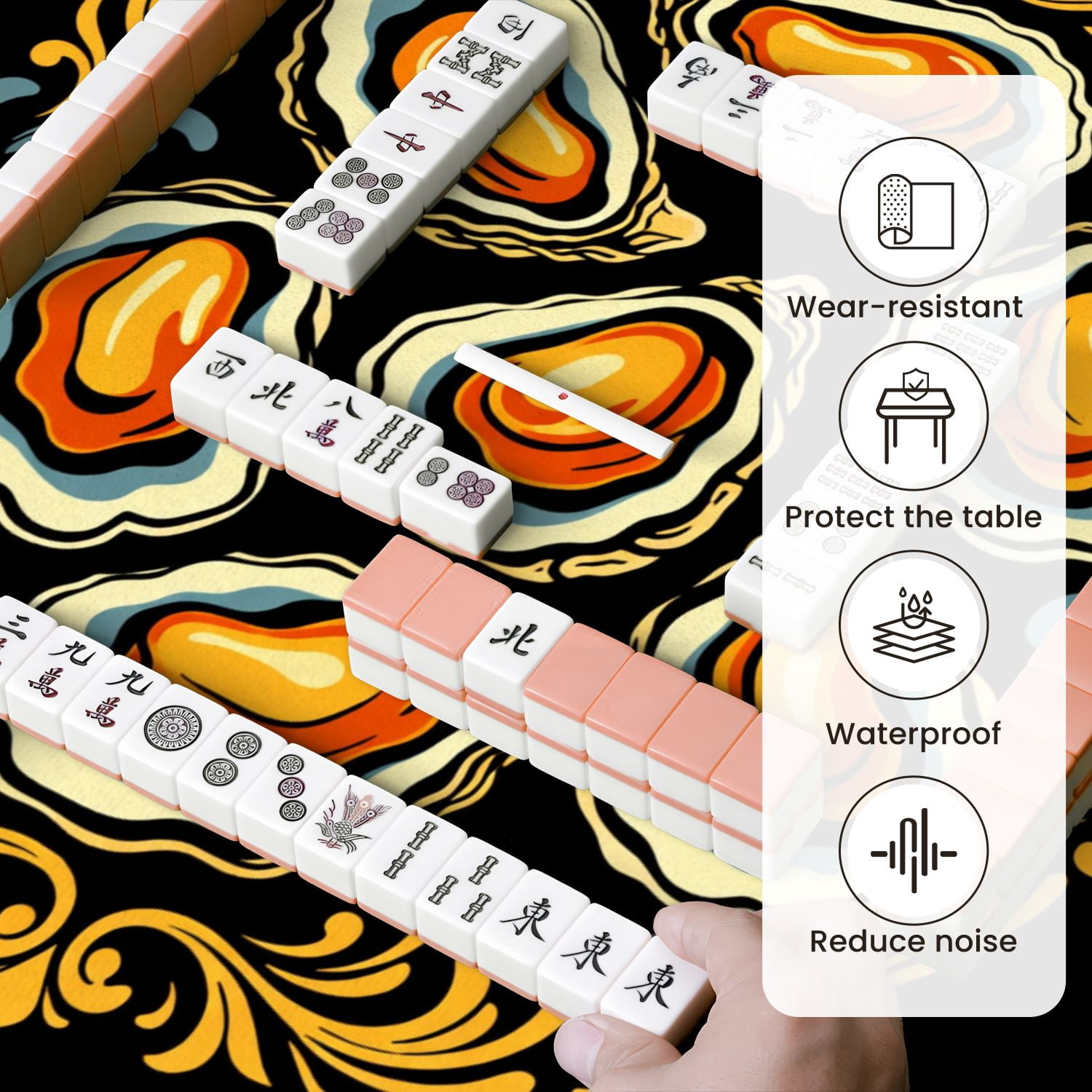 Mahjong Mat 31.5" x 31.5" Elegant Oyster Ornate Floral Border Non-Slip Noise Reduction Mahjong Tiles Table Cover for Dominoes Poker Card Board and Tile Games