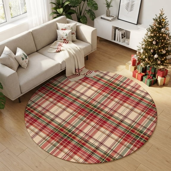 Christmas Tartan Red Stripes Round Area Rug 4ft,Living Room Rug Non-Slip Washable Circle Rugs Pad,Farmhouse Plaid Soft Floor Carpet for Bedroom Dining Room