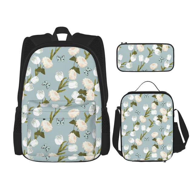 Disketp Tulips Flowers Mochila Estampada de Gran Capacidad con Lonchera y Estuche, Set de 3 Piezas para Estudiantes