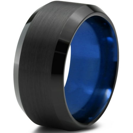 Tungsten Wedding Band Ring 10mm for Men Women Blue Black Beveled Edge Brushed Polished Lifetime Guarantee
