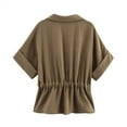 thumbnail image 4 of Womens Tops, Women's Summer Casual Short Sleeve Safari Shirts Lapel Collar Zipper Work Blouse Tops with Drawstring Loose Outfits Brown L, 4 of 4
