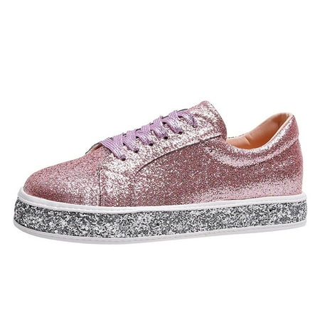 

AnuirheiH New Style Sequined Flat Lace-up Casual Women Shoes Single Shoes Shallow Mouth Platform Shoes Clearance Under $10