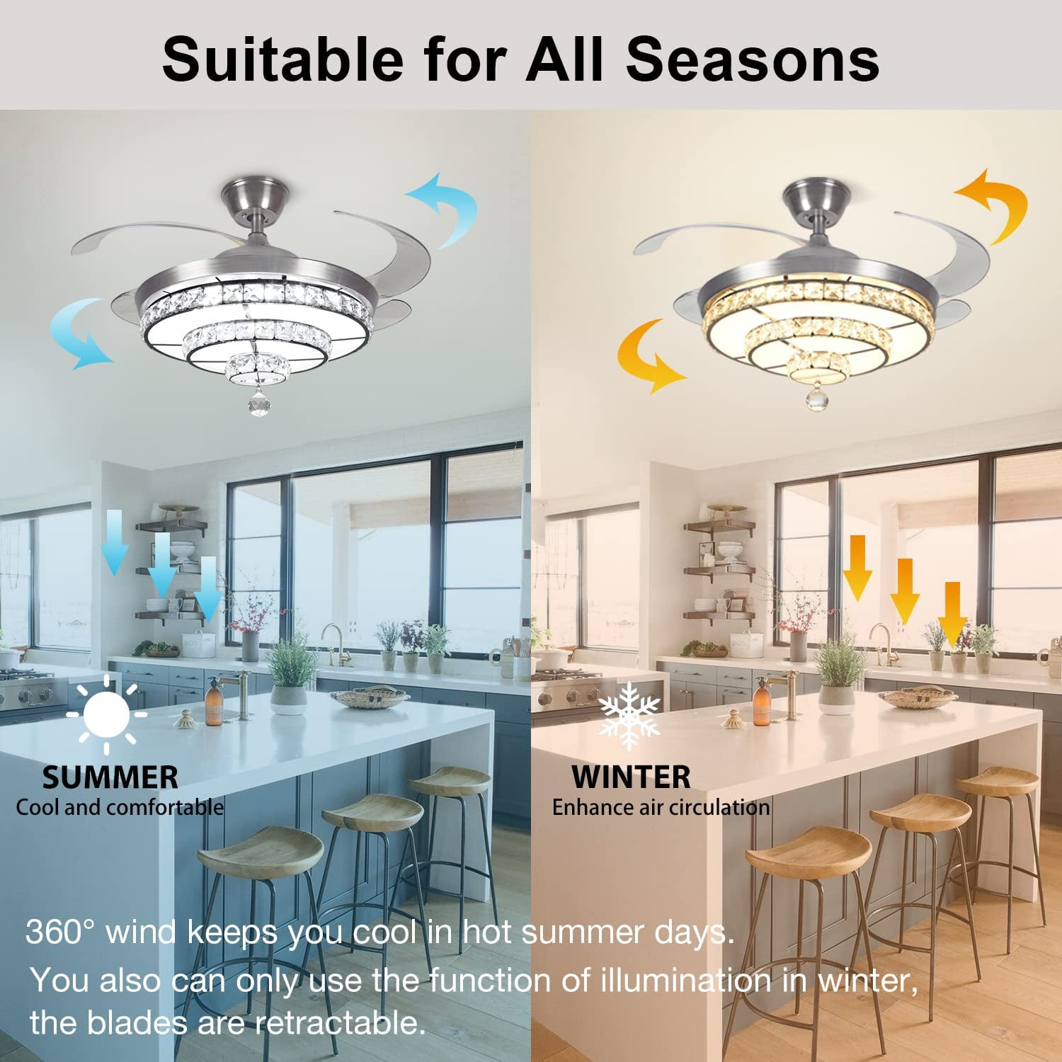 DingLiLighting Crystal Ceiling Fan with Light and Remote, LED Invisable Ceiling Fan Chandeliers, Low Profile Ceiling Fan for Bedroom, Dining Room, Color Changeable, 3-Blade,Silver Sansujyuku sansujyuku.com