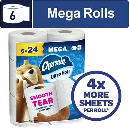 (2 pack) Charmin Toilet Paper Ultra Soft, 6 Mega Rolls, 2-Ply Bath Tissue