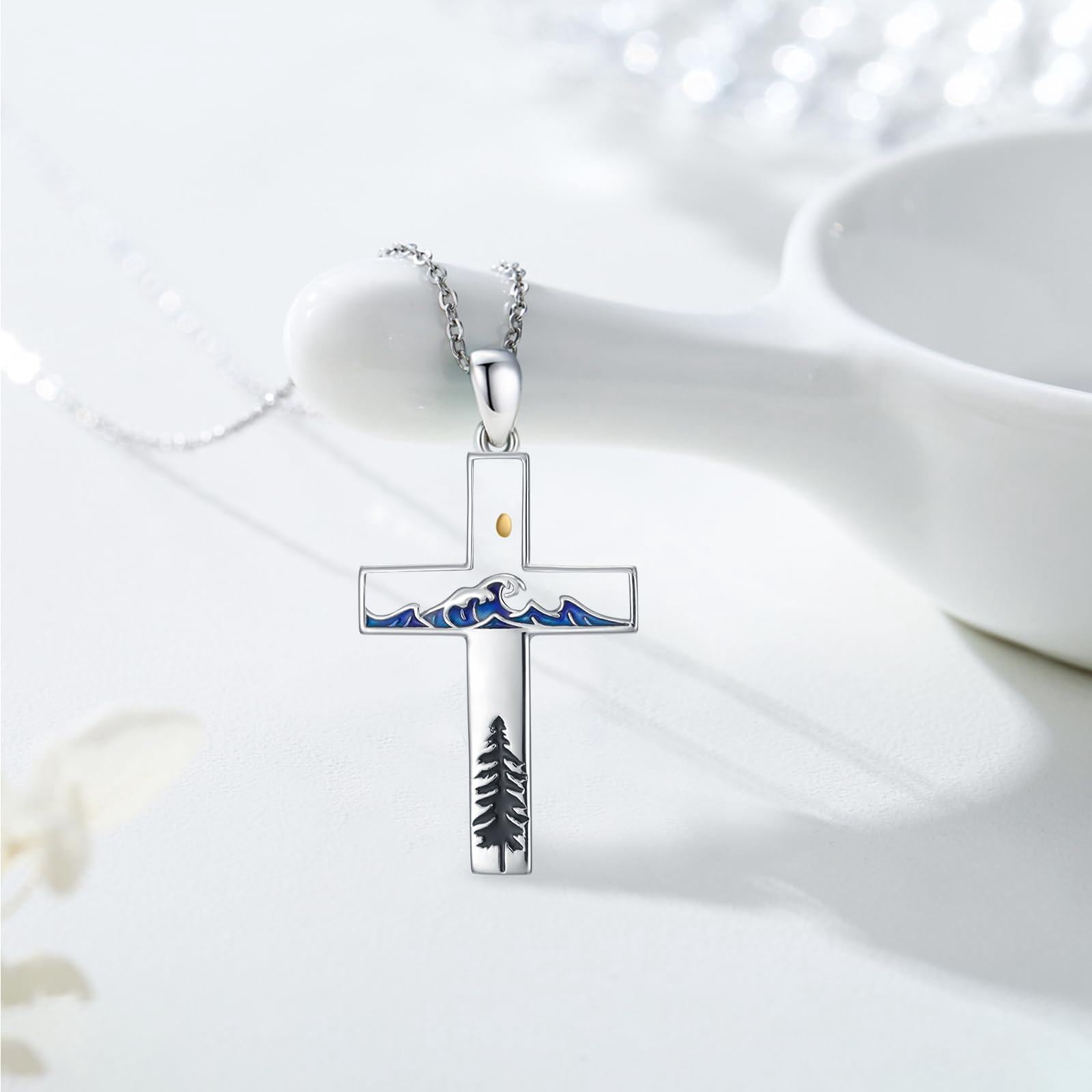 Coachuhhar Mustard Seed Cross Necklace 925 Sterling Silver Wave Pine Tree Pendant Necklace Faith Religious Jewelry Christmas Gifts for Christian