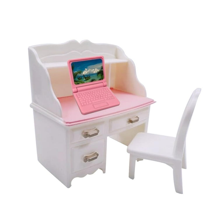 1 12 Dollhouse Desk Chair Set Mini Computer Table Simulation Notebook Dollhouse Decoration Accessories for Living Room Study Decoration With Pink