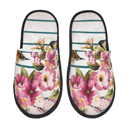 Balery Bird and Floral Slient Indoor Furry Fleece Comfort House Shoes Soft Non-Slip Home Shoes Cotton slippers House Slippers-- Large