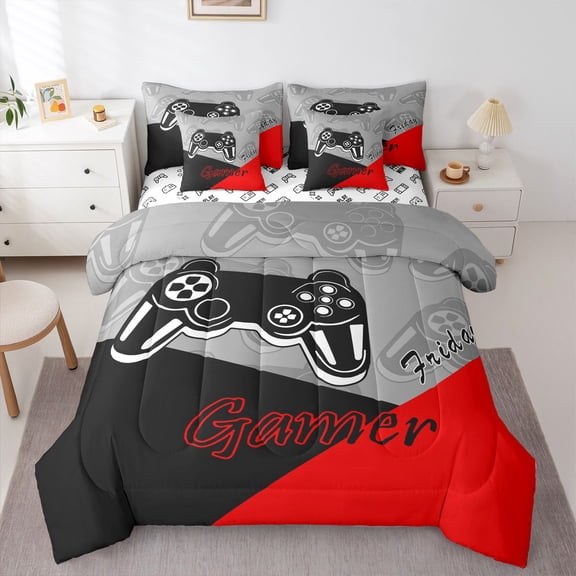 Gamer Comforter Set with Sheets Teens Gaming 7 Piece Bedding Set Twin Size Video Game Contoller Home Bed in a Bag Decor Bed Set